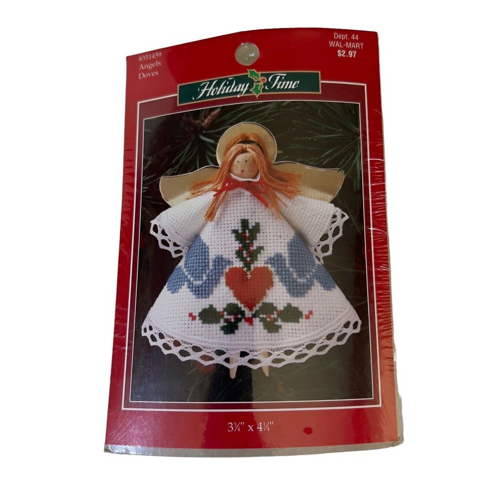 VTG Holiday‎ Time Christmas Angel Doves Cross Stitch Kit #351459 Pin Ornament